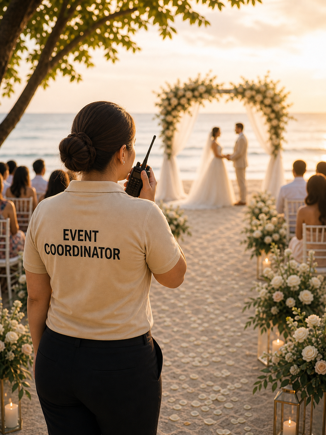 Event coordinator managing a beach wedding ceremony at sunset